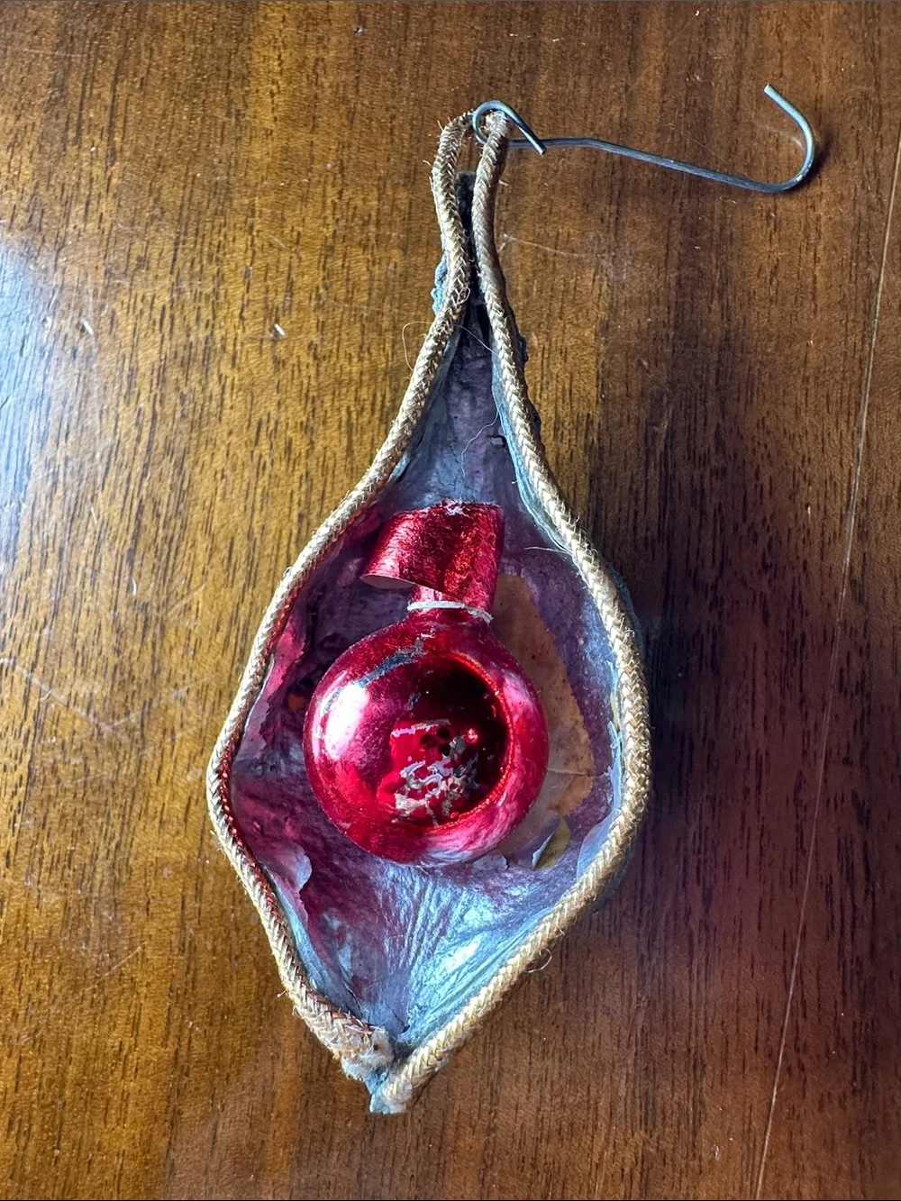 3 Vintage Kitschy Homemade Glass Ornaments in Milkweed Pods